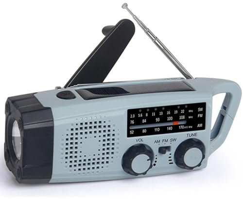 Radio Solar de Emergencia con Manivela, FM/Am/SW Radio Portatil Pequeña de Emergencia con Dinamo y Linterna LED 2000mAh Powerbank y SOS Alarma y USB para Camping al Aire Libre Kit Supervivencia, IPX5