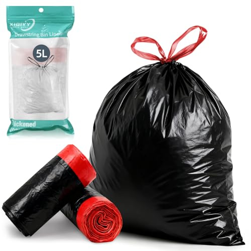 Bolsas de basura pequeñas de 5 litros con cordón, 40 bolsas de basura negras gruesas, resistentes a desgarros, fuertes para baño, oficina, dormitorio