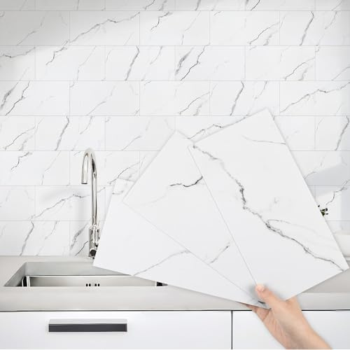 Honcet Stick on Tiles Marble White Peel and Stick Self Adhesive Wall Tiles | Stick on Tiles Marble White 12 Pieces,Tile Stickers Waterproof,Peel and Stick Wall Tiles for Kitchen and Bathroom 15x30cm