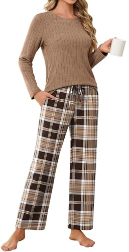 Ekouaer Pigiama Donna Invernale Caldo Lungo, Marrone, L