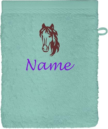 Schnoschi Waschlappen mit Namen, Text oder Motiv Bestickt, personalisiertes Handtuch, individueller Waschhandschuh, Lappen oder Gesichtstuch mit Initialen, 100% Baumwolle, 16 x 21 cm (Mintgrün)
