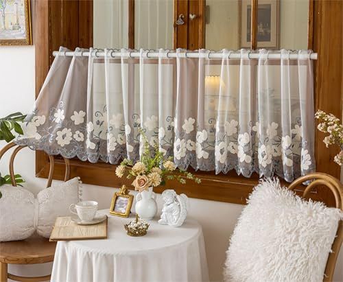 Vordesack Voile liebevoll Scheibengardine mit zarten Blumenstickerei Küchengardine mit Lochleiste transparente Gardine 1 Stück Grau HxB 60x140cm