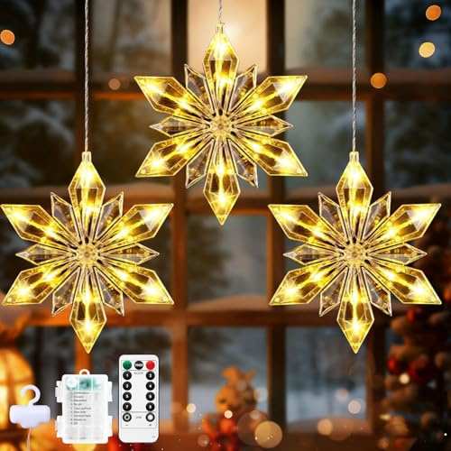 Shengruili LED Schneeflocke Beleuchtung,Lichtervorhang Fenster Weihnachten,LED Warmweiß Lichterkette Batterie,LEDWeihnachtsdeko Lichtervorhang Sterne Christmas Curtain String Lights