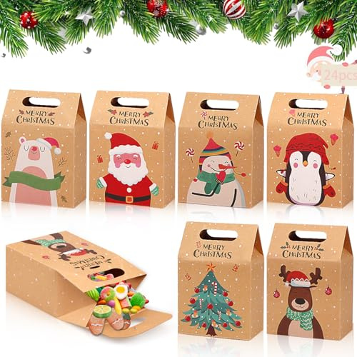 Geschenktüten Weihnachten, 24 Stück Geschenktüte Nikolaus, Weihnachtstüten Papier Klein, Papiertüten W-eihnachten, Geschenkbeutel zum Befüllen, Kraftpapie Geschenkbox Weihnachten (24pcsB)