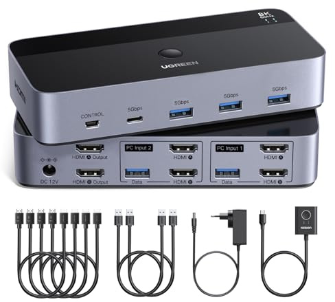 UGREEN 8K@60Hz HDMI KVM Switch 2 Monitors 2 Computers, with 4 USB 3.0 Ports for 2 Computers Sharing Dual Monitors Keyboard Mouse Printer with 4 HDMI Cables, 2 USB Cables, Power Adapter and Controller