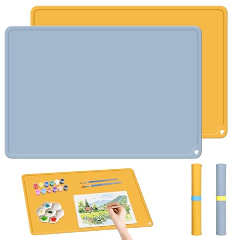Lot de 2 tapis de dessin pour enfants 60×40 cm, grande surface de bricolage en silicone, tapis antiadhésif et lavable pour peinture, résine, sable coloré et pâte à modeler, bleu et jaune
