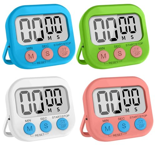 NiceBest Temporizador Cocina Digital con Timer Alarma Fuerte 4 Piezas, Temporizador Estudiar para Niños con Pantalla LCD Grande, Cronometro Oposiciones Soporte Plegable Fitness y Hornear