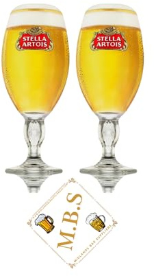 Stella Premium Crystal Beer Chalice Glasses, Belgian Style, Half Pint, 2-Piece Set with Midlands Bar Suppliers Beer Coaster