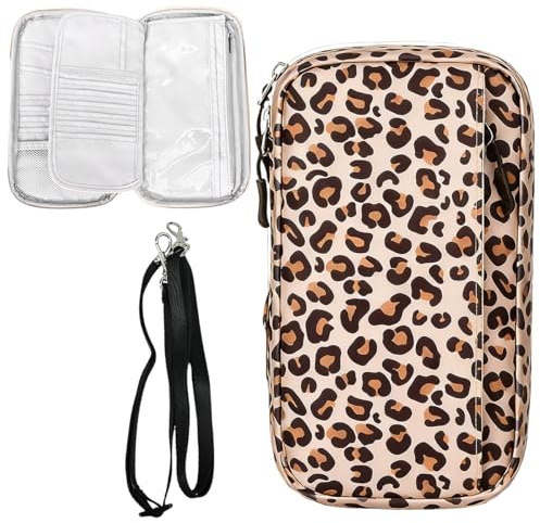 Dtenlur Portadocumenti da Viaggio con Stampa Leopardata, Portafoglio Portatile per Famiglia Grande Capacità, Porta Passaporto con Tracolla e Cerniera per Passaporti, Biglietti Aerei, Carte di Credito