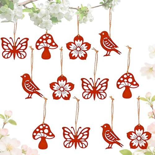 12 Stück Frühlingsdeko zum Aufhängen Rost Metall - Osterdeko Anhänger Schmetterling Vogel Blume Pilz - Gartendeko für Draußen Wetterfest & Innen - Deko Frühling Fenster & Tisch