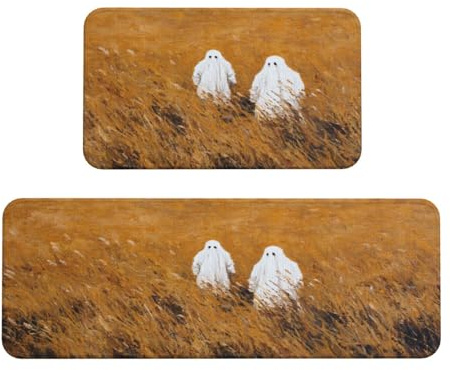 Woshuwo Set di 2 tappeti da cucina con due fantasmi bianchi in canne antiscivolo, tappeto per lavanderia, cucina, arredamento