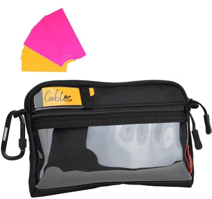 POWRIG Video Accessories Organizer Pouch with Clear Window, 900D PU Utility Bag for Camera Accessories, Cable Storage, Battery Case, Small Tool Bag with Carabiner & ID Labels, for Travel Filming