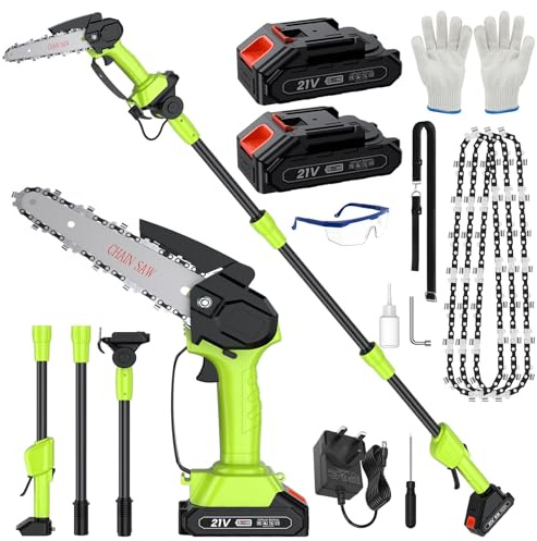 Cordless Pole Saw 12.47Ft, 2 in 1 Long Reach Saw & Handheld Chainsaw 6'', 90° Adjustable Head 2 * 4.0 Ah Rechargeable Battery Electric Extension Pole Chainsaw 4* Chain for Garden Tree Trimming