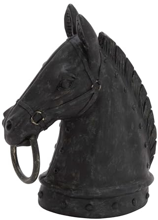 Deco 79 Polystone Horse Decorative Sculpture Antique Style Head Home Decor Statue with Hitching Post and Gold Accents, Accent Figurine 9 x 6 x 12, Black