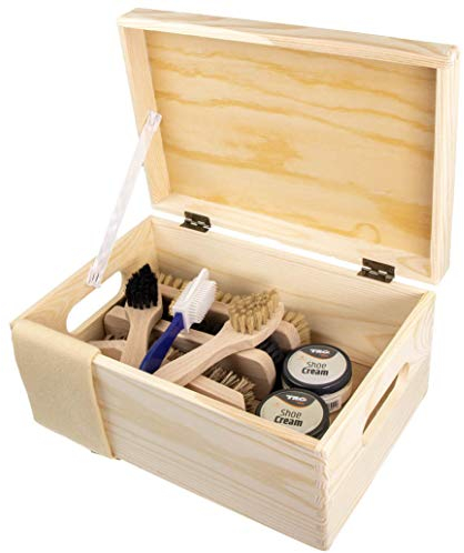 Langlauf Schuhbedarf Schuhputzset 9tlg Schuhputzkasten Verona I Schuhbürsten Set mit Box I Schuhcreme Set mit Holz Kasten, Schuhputzsets Box, Schuhpflegeset