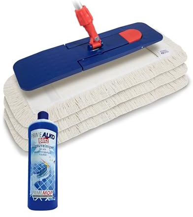 PrimeMop 6 in 1 Profi Baumwolle Bodenwischer Set – Putzmittel in Industriequalität – Mop Set 50cm – Inklusive ALKO Blitz Glanzreiniger – Wischer Set