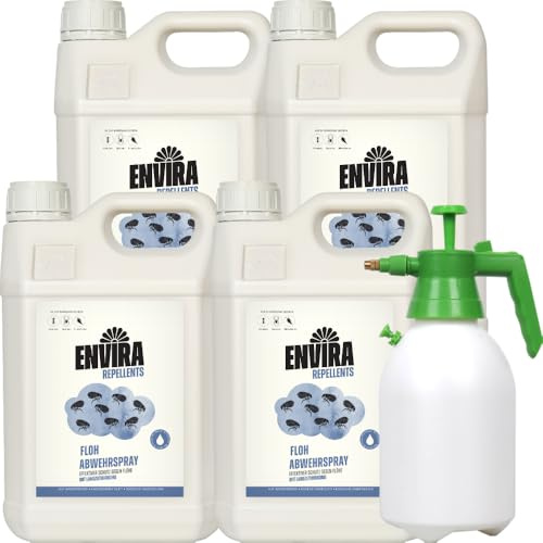 Envira Floh Abwehrspray 4 x 5 Liter + 2L Drucksprüher - Spray mit Langzeitwirkung gegen Flöhe, Katzenfloh, Hundefloh - Mittel gegen Flöhe für Wohnung & Möbel - Effektives Flohmittel & Flohschutz