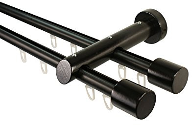 Innenlauf Gardinenstange 2-läufig aus Aluminium und Holz schwarz, 20 mm, Endstück Kappe, 240 cm (2 x 120 cm)