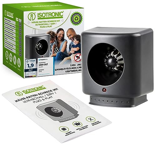 ISOTRONIC Mäusevertreiber mit Ultraschall gegen Mäuse & Ratten |Tradition seit 1979 | 230V Mäuseschreck für Keller, Dachböden, Garagen UVM. | tierschonend & sicher | 50 m² Wirkungsbereich