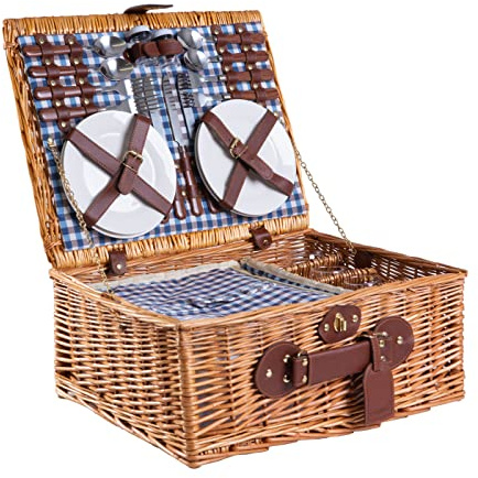 eGenuss Cesta de Picnic de Mimbre para 4 Personas con Bolsa Isotérmica, Vajilla de Cerámica, Copas de Vidrio, Cubiertos de Acero Inoxidable e Interior a Cuadros Azules – Ideal para Playa, Parque