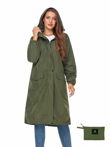 SaphiRose Women's Long Rain Jacket Waterproof Lightweight Hooded Raincoat Packable Knee Length Rain coat, Green, XL