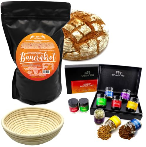 Hallingers Genuss Manufaktur Brotbackmischung Geschenk-Set - natürliche Brotbackmischung Dinkel-Roggen mit Brotback-Gewürzen & Gärkorb Bauernbrot Komp..., Geschenkidee für Frauen Männer