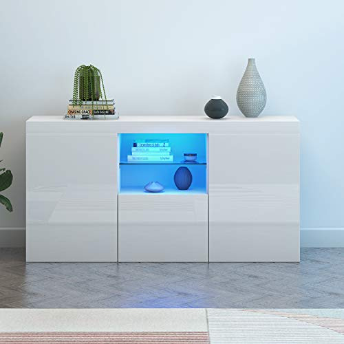 Panana Sideboard/TV unit/Cabinet Cupboard 135cm*34cm*70cm- High Gloss Doors + LED Lights (White)