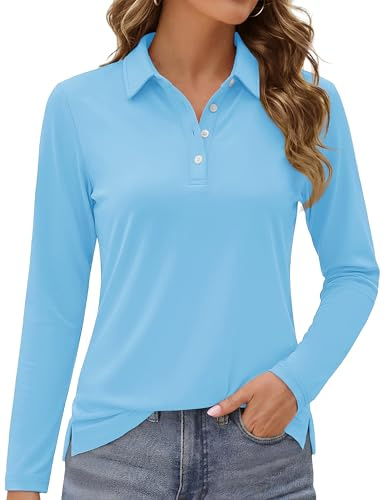 MAGCOMSEN Women's Polo Shirts Golf Top Women Long Sleeve Collared Shirt UPF 50+ Sun Protection Tee Waterfall Blue,M