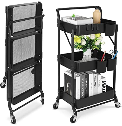 Shrivee 3-Tier Küchenwagen Servierwagen Faltbarer Metallnutzungs Rollwagen, Regal auf Rädern, Regal, Organiser, Küchenregal, Faltbarer Allzweckwagen für Küche, Badezimmer, Büro (schwarz)