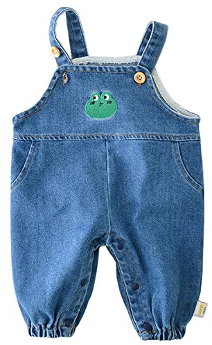 ACMEDE Bambino Rana Salopette, Unisex Neonato Rana Ricamata Tuta di Jeans Carina per Bebè Salopette di Jeans Blu Tutina in Denim Regolabili Pantaloni in Jeans per Neonati Bambini