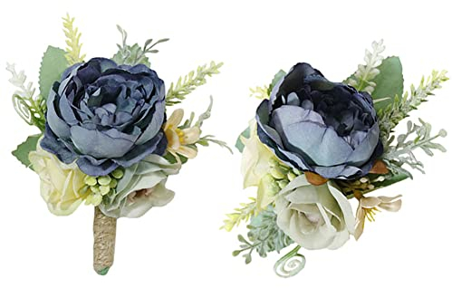 MAFELOE Künstliche Blume, Handgelenk-Ansteckblume, Boutonniere, Set für Bräutigam, Brautjungfern, Anstecknadel, Herren, Hochzeit, Party, Abschlussball, Anzug, Dekoration, Blau + Gelb, 2 Stück