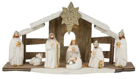 LB H&F Weihnachtskrippe Krippe Tischkrippe mit Figuren, 7 TLG. Set inkl. Licht Krippenset Weiss Krippenszene Holz (Krippe Set)