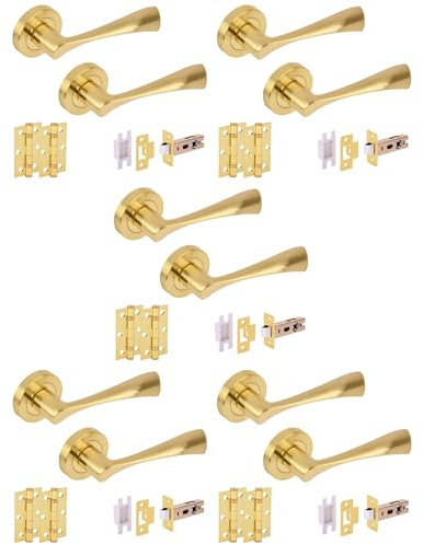 Hunta HANDLEZONE® 5 Sets Zena Internal Door Handles on Rose Lever Latch Packs with Ball Bearing Hinges - Brushed Brass