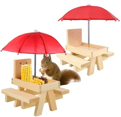 Eichhörnchen Futterhaus, Futterstationen für Eichhörnchen mit Schirm,Wetterfest Eichhörnchen Picknicktisch Holz Eichhörnchen-Futtertisch,Eichhörnchen-FeederEichhörnchen Maiskolbenhalter Chipmunk