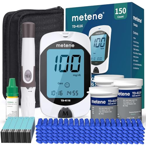 Metene TD-4116 Blood Glucose Monitor Kit, 150 Glucometer Strips, 150 Lancets, 1 Blood Sugar Monitor, Blood Sugar Test Kit with Control Solution, Lancing Device, No Coding, Large Display
