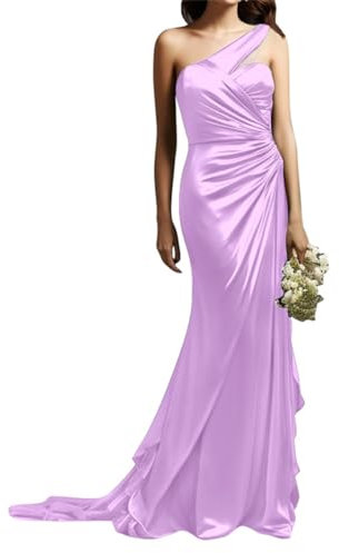 Vestidos de fiesta de satén con un hombro descubierto, vestido largo formal de invitada de boda para mujer, Lila, 48