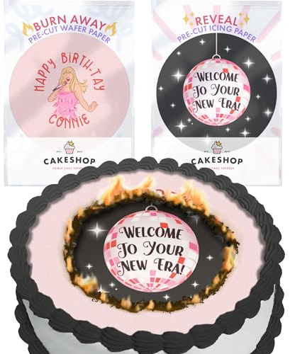 Cakeshop Taylor Swift Burn Away Edible Cake Topper Pack | 1 x Icing sheet & 1 x Wafer Sheet | Taylor Swift Era Birthday Theme | Personalise With Your Custom Name & Text | Choose Shapes & Sizes