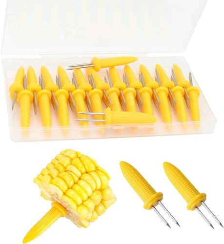 12pcs yellow Corn Holders, Stainless Steel Corn Cob Holders Corn On The Cob For Double Fork Sweet Corn Seat, Home & BBQ Cooking Fork