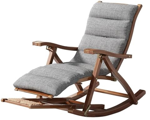 SCGSJZH Tumbona de Madera Mecedora, Tumbona de Jardín Silla Reclinable Ajustable de 5 Posiciones con Reposapiés Extraíble, Sillón de Ocio al Aire Libre para Balcón Terraza, con Cojín