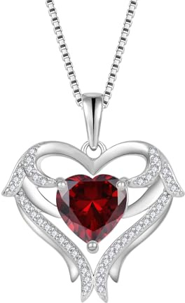 FJ Collar Alas de Ángel Plata de Ley 925 Colgante Corazón con Enero Piedra de Nacimiento Collar Granate Joyas Regalos para Mujer