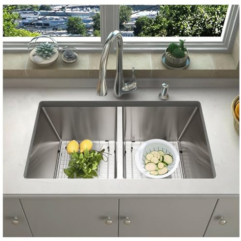 SANYCASA 33 Inch Double Bowl Kitchen Sinks with Quick Drain Slope - 11 Gauge (3mm) 304 Stainless Steel Undermount Kitchen Sink with Accessories