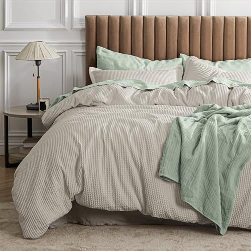 Bedsure Waffle Comforter Set Queen, Linen Soft Bedding, Waffle Weave Bed Set, 3 Pieces, 1 Comforter (90x90) and 2 Pillow Shams, Cotton Shell and Polyester Lining for All Seasons