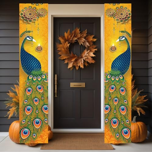 Happy Diwali Porch Banner Indian Diwali Peacock Front Porch Welcome Sign, Festival of Lights Deepavali Hanging Decoration Party Supplies for Indoor Outdoor Garden Yard Party Home Decor