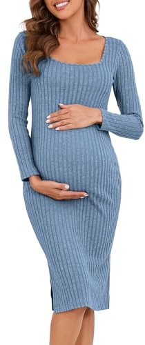 LAHILO Langärmeliges Umstandspulloverkleid für Herbst und Winter, gestrickt, gerippt, figurbetontes Kleid, Blau, Klein