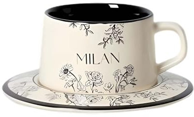 Reem Geafftar Juego de Taza de Té y Platillo, Taza de Café Espresso de Porcelana, con Platillo y Cuchara, Taza de Té Inglesa Vintage 220 ml / 7 Oz (Nero)