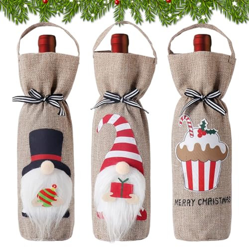 3 Stück Weihnachts Jute Weinflaschen Geschenktaschen Mit Tragegriff, Wiederverwendbare Weihnachten Weinflasche Abdeckung mit Weihnachtsmotiven, für Weihnachts Geschenk Verpackung