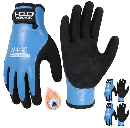HANDLANDY 2 Pairs Winter Waterproof Work Gloves, Thermal Insulated Cold Weather Gloves with Grip for Men Women, for Freezer Fishing Warehouse (Black-Blue, L)