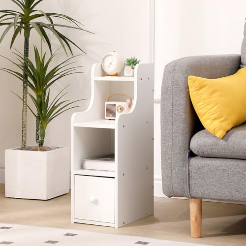 Sanery 20 cm Kleiner Nachttisch mit Schublade, Schmaler Beistelltisch mit Ablage, Schlankes Nachtschrank Nachtkommode mit Stauraum für kleine Räume Schlafzimmer Wohnzimmer (Weiß mit Ablage)