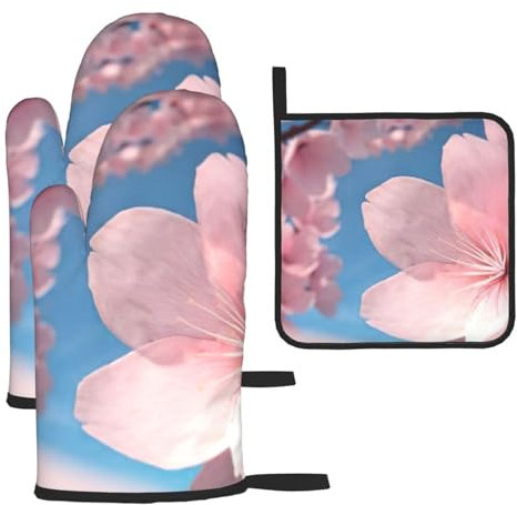 Set di 3 guanti da forno natalizi con fiori di ciliegio rosa e presine, resistenti al calore, regalo da cucina per cucinare