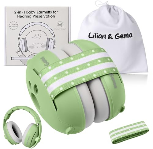 Lilian&Gema 2 in 1 Cuffie Neonato Antirumore -25dB,Protettori acustici per neonati, archetto regolabile,antiscivolo e antistress, protezione acustica ideale per neonati fino a 48 mesi(Verde)